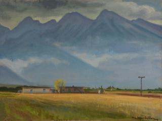 Plain with Mount Parnassus, Low Clouds — Oil painting, Canvas, 46.00×61.00cm — Theodoros Markellos